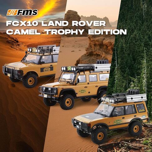 EAZYRC FMS FCX10 1/10 RC Crawler Land Rover Camel Trophy Edition، شاحنة مرخصة رسميًا 4WD لجميع التضاريس على الطرق الوعرة RC للبالغين، سيارة RC ذات مقياس عالي التفاصيل مع تروس معدنية، صدمات مطورة (مدافع) in Kuwait