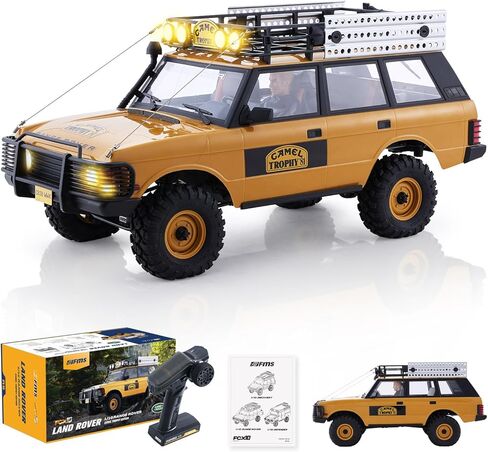 EAZYRC FMS FCX10 1/10 RC Crawler Land Rover Camel Trophy Edition، شاحنة مرخصة رسميًا 4WD لجميع التضاريس على الطرق الوعرة RC للبالغين، سيارة RC ذات مقياس عالي التفاصيل مع تروس معدنية، صدمات مطورة (مدافع) in Kuwait
