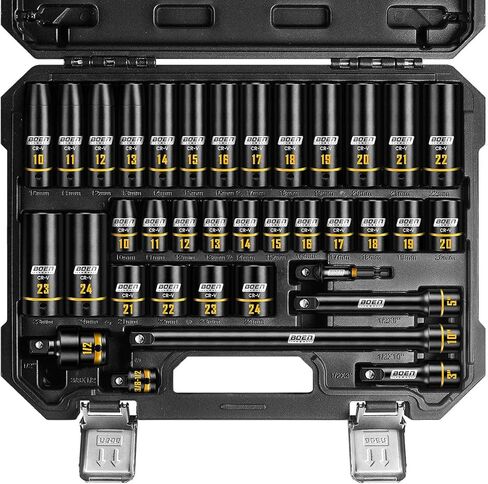 BOEN 1/2" Drive Impact Socket Set, 36-Piece Metric (10-24mm) Deep & Standard Socket with Paint-Filled Markings, Includes Extensions, Adapter & Universal Joint in Saudi Arabia