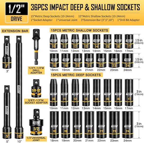 BOEN 1/2" Drive Impact Socket Set, 36-Piece Metric (10-24mm) Deep & Standard Socket with Paint-Filled Markings, Includes Extensions, Adapter & Universal Joint in Saudi Arabia