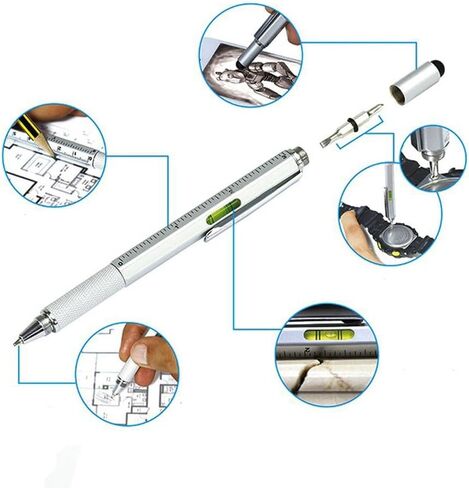 Stylus Pen, 7-in-1 Multi-Tool Pen [Touchscreen Stylus, Ballpoint Pen, Ruler, Level, Phillips Screwdriver and Flathead] (2 Pack Silver) in Saudi Arabia