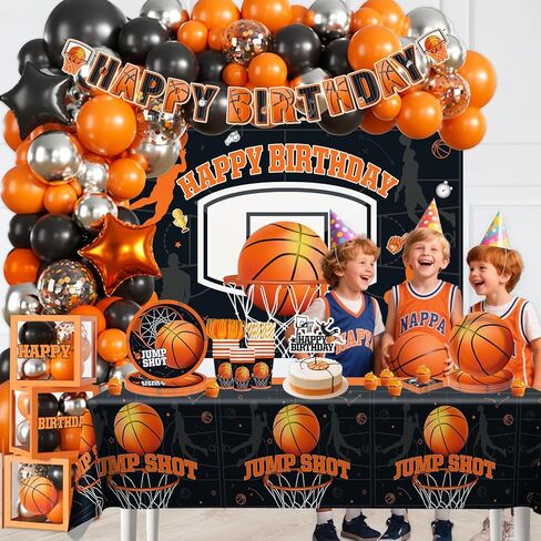 241pcs Basketball Party Decorations, All-in-one Party Set with 20 Serves Disposable Plates, Banner, 2 Tablecloths, Backdrop for Basketball Birthday Party Decorations in Saudi Arabia
