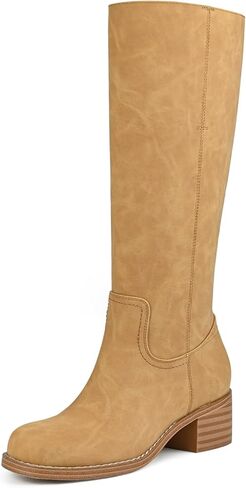 Platform Women's Knee High Square Toe Chunky Block Heel Long Wide Calf Riding Pull On Campus Boots in Kuwait