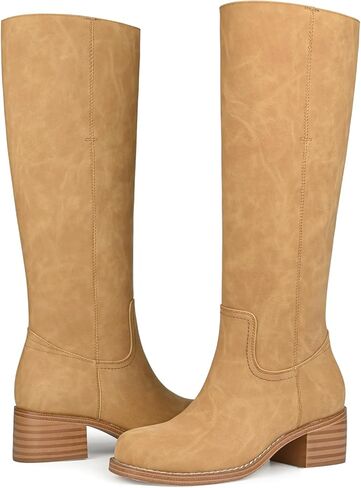 Platform Women's Knee High Square Toe Chunky Block Heel Long Wide Calf Riding Pull On Campus Boots in Kuwait