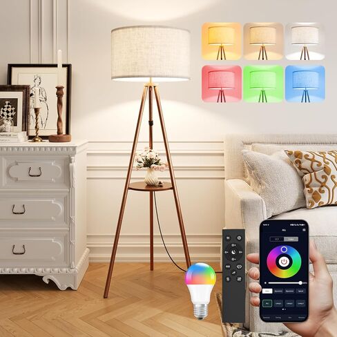 Tripod Floor Lamp with Shelves, Mid Century Modern Metal Standing Lamp with Remote & App Control, Dimmable RGB Smart Bulb Included, E26 Base for Living Room, Bedroom, Office - Boho Decor in Saudi Arabia