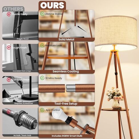 Tripod Floor Lamp with Shelves, Mid Century Modern Metal Standing Lamp with Remote & App Control, Dimmable RGB Smart Bulb Included, E26 Base for Living Room, Bedroom, Office - Boho Decor in Saudi Arabia