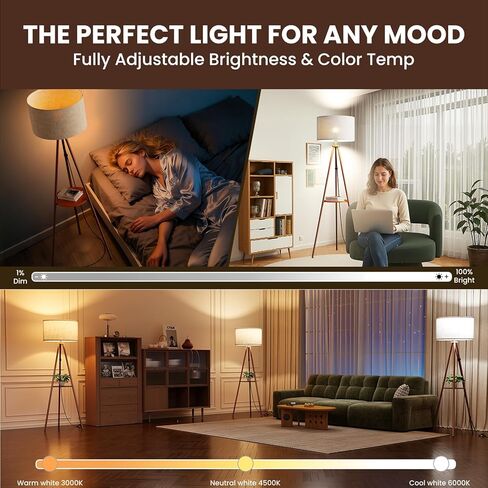Tripod Floor Lamp with Shelves, Mid Century Modern Metal Standing Lamp with Remote & App Control, Dimmable RGB Smart Bulb Included, E26 Base for Living Room, Bedroom, Office - Boho Decor in Saudi Arabia