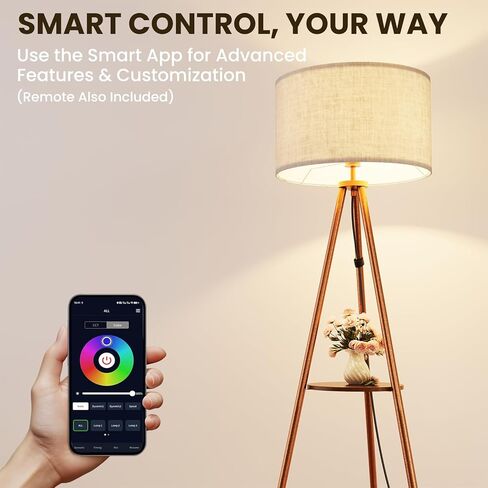Tripod Floor Lamp with Shelves, Mid Century Modern Metal Standing Lamp with Remote & App Control, Dimmable RGB Smart Bulb Included, E26 Base for Living Room, Bedroom, Office - Boho Decor in Saudi Arabia