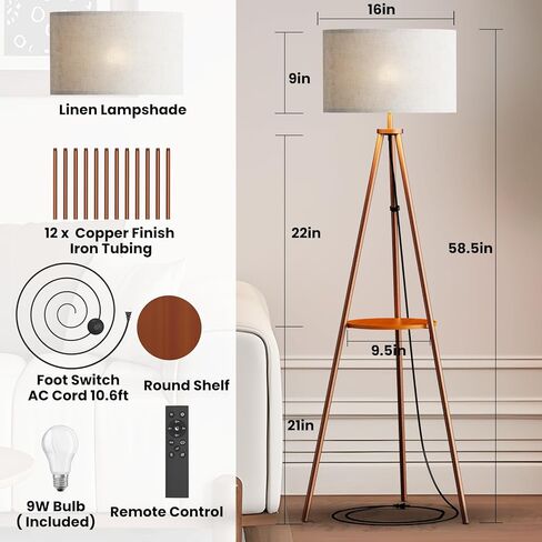 Tripod Floor Lamp with Shelves, Mid Century Modern Metal Standing Lamp with Remote & App Control, Dimmable RGB Smart Bulb Included, E26 Base for Living Room, Bedroom, Office - Boho Decor in Saudi Arabia