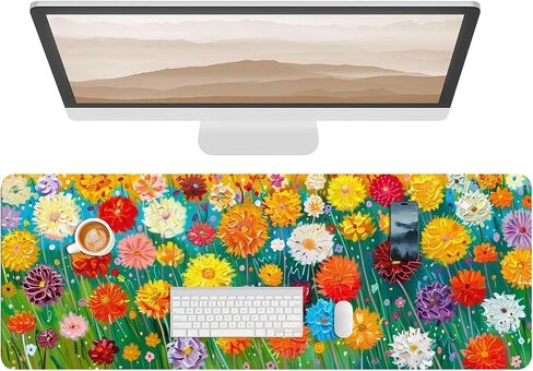 Leather Flower Desk Pad, Colorful Art Mouse Pad Large Computer Keyboard Gaming Mousepad Waterproof Desktop Protector & Cover, Decorative PU Leather Laptop Mouse Mat Home Office Decor 10 x 30 inch B2 in Saudi Arabia