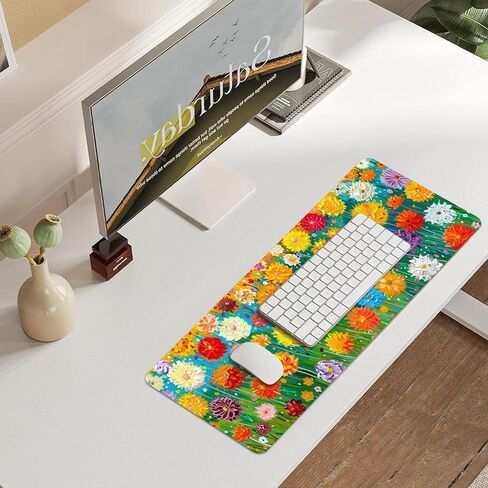 Leather Flower Desk Pad, Colorful Art Mouse Pad Large Computer Keyboard Gaming Mousepad Waterproof Desktop Protector & Cover, Decorative PU Leather Laptop Mouse Mat Home Office Decor 10 x 30 inch B2 in Saudi Arabia