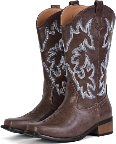 IUV Cowboy Boots For Women Square Toe Cowgirl Boots Mid Calf Western Boots Pull On Fashion Cowboy Boots in Kuwait