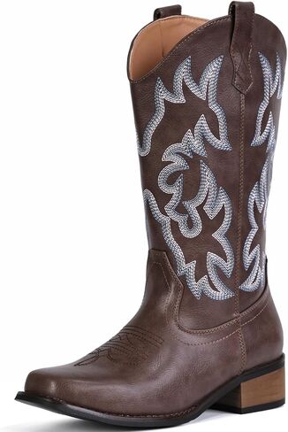 IUV Cowboy Boots For Women Square Toe Cowgirl Boots Mid Calf Western Boots Pull On Fashion Cowboy Boots in Kuwait