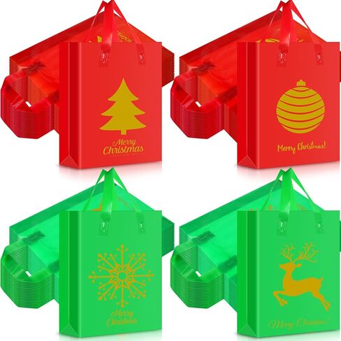 Gueevin 100 Pieces Plastic Christmas Gift Bags with Handle Reusable Xmas Red and Green Shopping Merchandise Bags with Snowflake Elk Xmas Tree Patterns 9.8 x 13.8'' for Christmas Party Favor Decor in Saudi Arabia