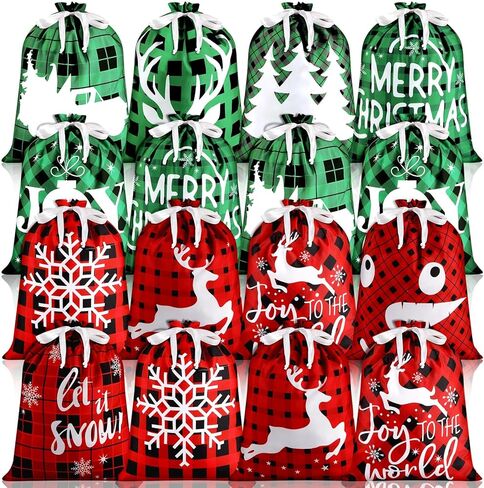Windyun 16 Pcs Christmas Drawstring Bags Bulk Large Xmas Buffalo Plaid Drawstring Cloth Gift Bags 12 x 16 Inch Gift Wrapping Storage Sack for Party Favor (Red, Black, Green Buffalo Plaid) in Saudi Arabia
