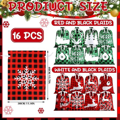 Windyun 16 Pcs Christmas Drawstring Bags Bulk Large Xmas Buffalo Plaid Drawstring Cloth Gift Bags 12 x 16 Inch Gift Wrapping Storage Sack for Party Favor (Red, Black, Green Buffalo Plaid) in Saudi Arabia