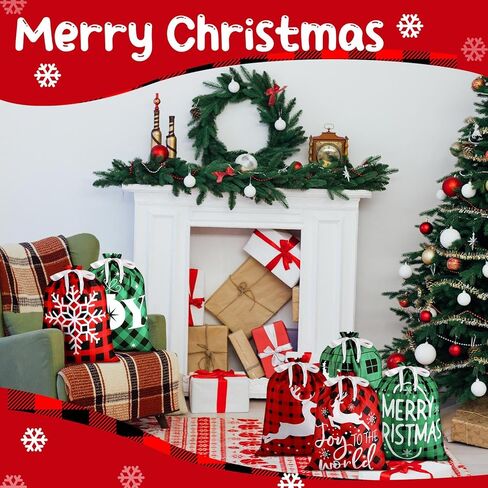 Windyun 16 Pcs Christmas Drawstring Bags Bulk Large Xmas Buffalo Plaid Drawstring Cloth Gift Bags 12 x 16 Inch Gift Wrapping Storage Sack for Party Favor (Red, Black, Green Buffalo Plaid) in Saudi Arabia