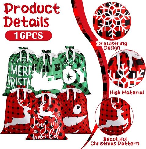 Windyun 16 Pcs Christmas Drawstring Bags Bulk Large Xmas Buffalo Plaid Drawstring Cloth Gift Bags 12 x 16 Inch Gift Wrapping Storage Sack for Party Favor (Red, Black, Green Buffalo Plaid) in Saudi Arabia