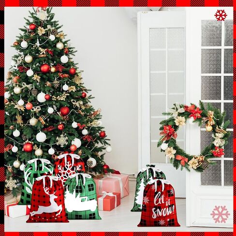 Windyun 16 Pcs Christmas Drawstring Bags Bulk Large Xmas Buffalo Plaid Drawstring Cloth Gift Bags 12 x 16 Inch Gift Wrapping Storage Sack for Party Favor (Red, Black, Green Buffalo Plaid) in Saudi Arabia