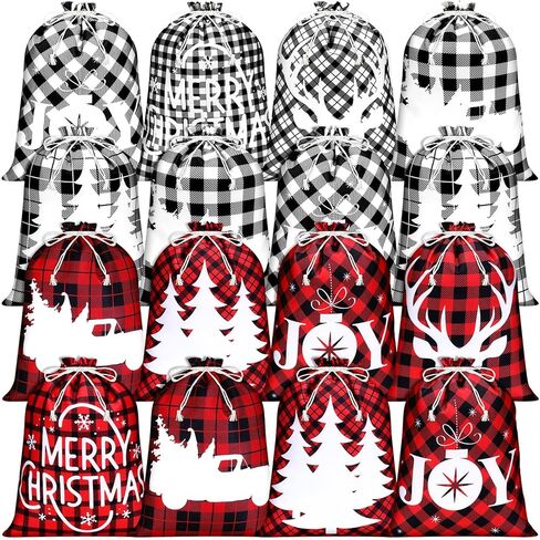 Windyun 16 Pcs Christmas Drawstring Bags Bulk Large Xmas Buffalo Plaid Drawstring Cloth Gift Bags 12 x 16 Inch Gift Wrapping Storage Sack for Party Favor (Red, Black, Green Buffalo Plaid) in Saudi Arabia