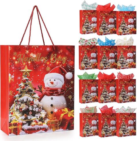 Rusikia 12 Christmas Gift Bags with 12 Tissues and 1 Satin Ribbon, Red Party Favor Bags Bulk with Handles, Glittery Cute Tree Balls Father Christmas Paper Bag for Wrapping, Present (Small 9"x7"x3") in Saudi Arabia