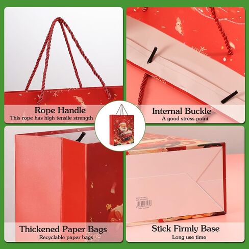 Rusikia 12 Christmas Gift Bags with 12 Tissues and 1 Satin Ribbon, Red Party Favor Bags Bulk with Handles, Glittery Cute Tree Balls Father Christmas Paper Bag for Wrapping, Present (Small 9"x7"x3") in Saudi Arabia