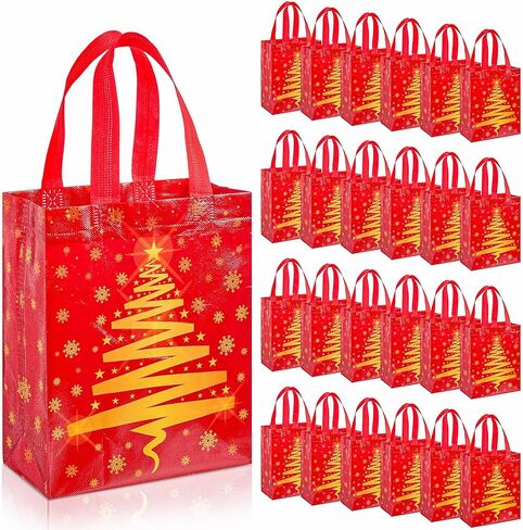 Threlaco 30 Pcs Christmas Gift Bags Bulk Reusable Non Woven Christmas Tree Red and Gold Goodie Treat Bags with Handles for Xmas Holiday Party Favors Gifts Wrapping, 10 x 8 x 4 Inch in Saudi Arabia