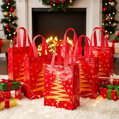 Threlaco 30 Pcs Christmas Gift Bags Bulk Reusable Non Woven Christmas Tree Red and Gold Goodie Treat Bags with Handles for Xmas Holiday Party Favors Gifts Wrapping, 10 x 8 x 4 Inch in Saudi Arabia
