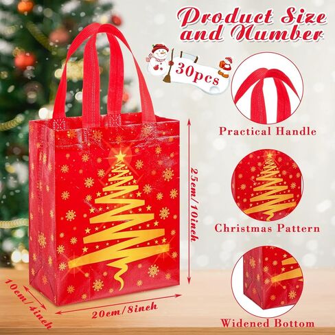 Threlaco 30 Pcs Christmas Gift Bags Bulk Reusable Non Woven Christmas Tree Red and Gold Goodie Treat Bags with Handles for Xmas Holiday Party Favors Gifts Wrapping, 10 x 8 x 4 Inch in Saudi Arabia