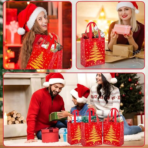 Threlaco 30 Pcs Christmas Gift Bags Bulk Reusable Non Woven Christmas Tree Red and Gold Goodie Treat Bags with Handles for Xmas Holiday Party Favors Gifts Wrapping, 10 x 8 x 4 Inch in Saudi Arabia
