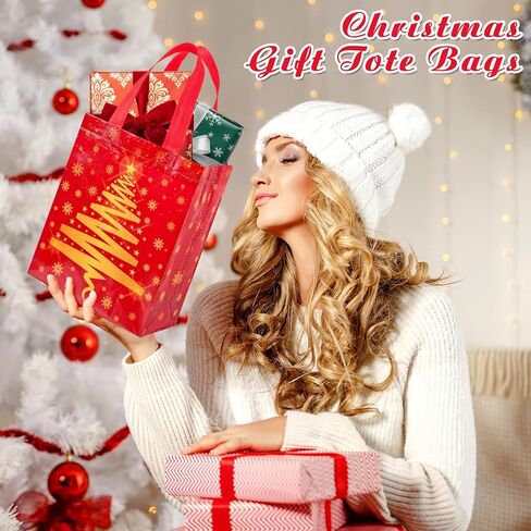 Threlaco 30 Pcs Christmas Gift Bags Bulk Reusable Non Woven Christmas Tree Red and Gold Goodie Treat Bags with Handles for Xmas Holiday Party Favors Gifts Wrapping, 10 x 8 x 4 Inch in Saudi Arabia