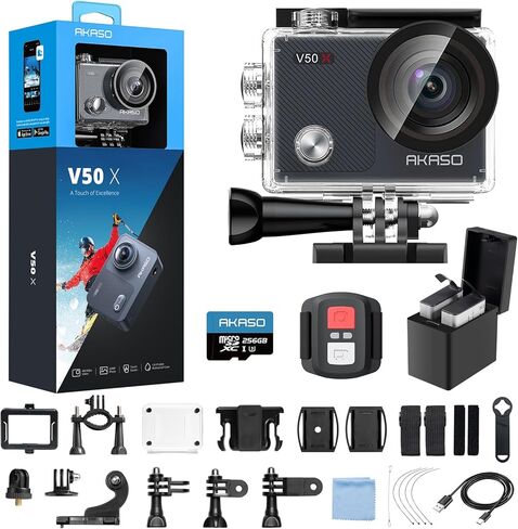 AKASO V50X Native 4K30fps WiFi Action Camera with 128GB MicroSDXC U3 Memory Card Accessories Kit Bundle with EIS Touch Screen 4X Zoom 131 feet Waterproof Camera Remote Control in Kuwait