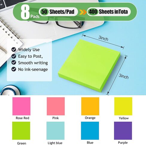 8PCS Sticky Notes, Bright Self Sticky Notes Pad Sticky Notes, Easy to Post for School, Office Supplies, Desk Accessories, Square in Saudi Arabia