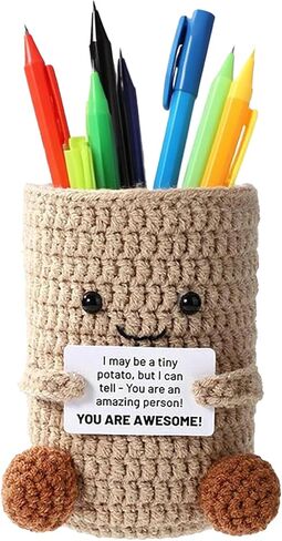 Positive Crochet Duck Pen Holder, Handmade Emotional Support Ducks Crochet Pen Makeup Brushes Holder with Positive Card Desktop Decor-16-positive duck in Saudi Arabia