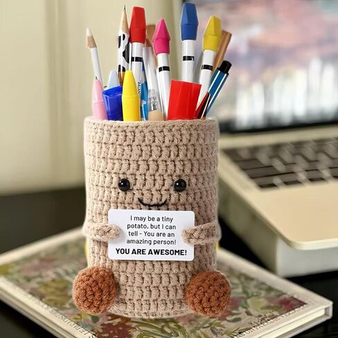 Positive Crochet Duck Pen Holder, Handmade Emotional Support Ducks Crochet Pen Makeup Brushes Holder with Positive Card Desktop Decor-16-positive duck in Saudi Arabia