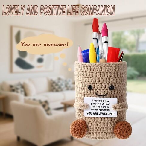 Positive Crochet Duck Pen Holder, Handmade Emotional Support Ducks Crochet Pen Makeup Brushes Holder with Positive Card Desktop Decor-16-positive duck in Saudi Arabia