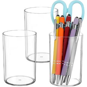 3 Pack Clear Acrylic Pen Holder Round Shape Desktop Pencil Cup Holder Clear Makeup Bush Holders Countertop Stationery Organizer for Office Desk Accessory Home Supplies in Kuwait