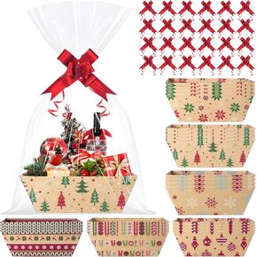 24 Set Christmas Gift Baskets Empty 10x7 Inch, Kraft Paper Christmas Gifts Baskets with Cellophane Bags and Red Pull Bows, Reusable Gift Wrapping for Xmas Holiday Winter Party Supplies in Kuwait