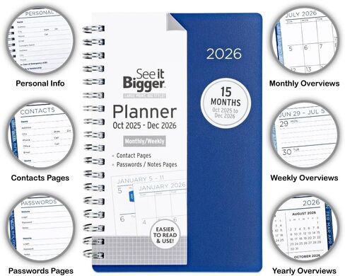 PlanAhead شاهد IT أكبر وصغير الحجم، حجم الجيب أكتوبر 2025 - ديسمبر 2026 مخطط شهري/أسبوعي تقريبًا. 4 × 6 بوصة وقلم فلورسنت مزدوج in Kuwait