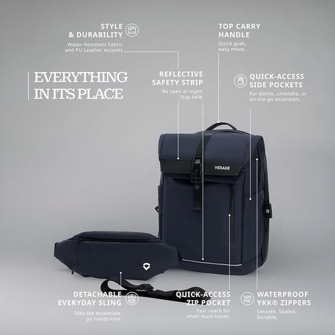 Verage Pulse 2-in-1 Roll Top Laptop Backpack 16″ with Detachable Everyday Sling Bag, Personal Item Size, Expandable Water-Resistant Travel Backpack for Airplane, Work & Daily Commute – Black in Saudi Arabia