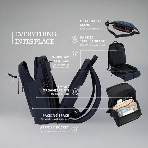 Verage Pulse 2-in-1 Roll Top Laptop Backpack 16″ with Detachable Everyday Sling Bag, Personal Item Size, Expandable Water-Resistant Travel Backpack for Airplane, Work & Daily Commute – Black in Saudi Arabia