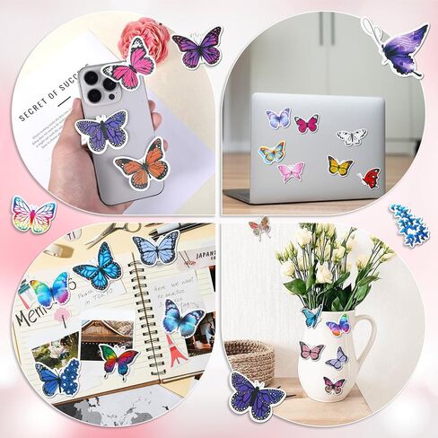 100 PCS Butterfly Stickers Pack, Colorful Waterproof Decals Lovely Decorative Butterfly Stickers for Adults Laptop Water Bottle Scrapbook Window Envelope Album Phone Cases Journal Planner DIY Crafts in Saudi Arabia