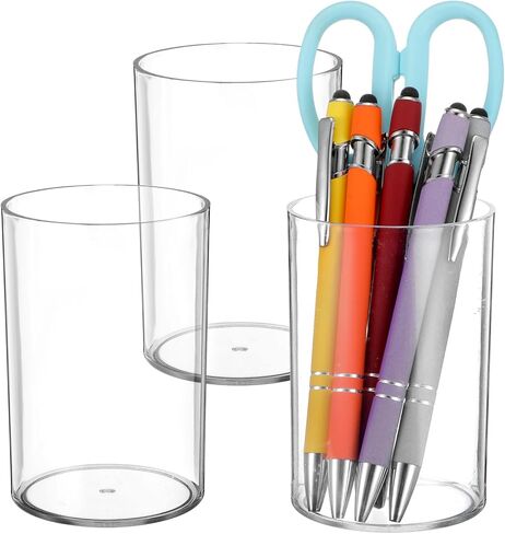 3 Pack Clear Acrylic Pen Holder Round Shape Desktop Pencil Cup Holder Clear Makeup Bush Holders Countertop Stationery Organizer for Office Desk Accessory Home Supplies in Kuwait