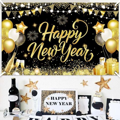 Happy New Year Banner 2026 71x43 Inch New Year Party Decorations Backdrop for New Years Eve Decorations Backdrop for Indoor Outdoor in Saudi Arabia