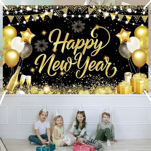 Happy New Year Banner 2026 71x43 Inch New Year Party Decorations Backdrop for New Years Eve Decorations Backdrop for Indoor Outdoor in Saudi Arabia