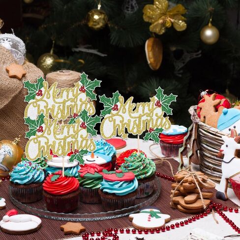 8 حزم كعكة عيد الميلاد القبعات العالية مجموعة الذهب بريق عيد ميلاد سعيد كب كيك توبر لعيد الميلاد حزب كعكة الزينة الأخضر هولي بيري تصميم كب كيك يختار الشتاء موضوع حفلة عيد ميلاد لوازم in Kuwait