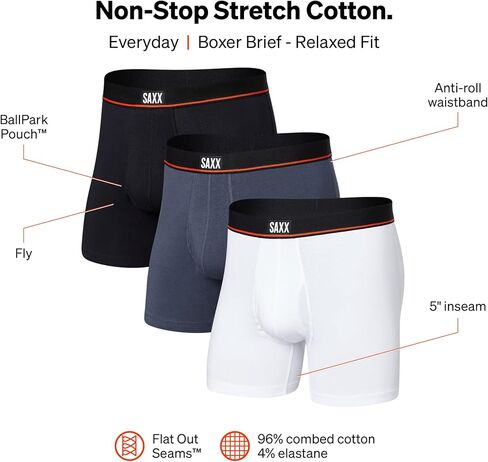 Men's Non-Stop Stretch Cotton Boxer Brief Fly 3-Pack, Black 1 in Saudi Arabia