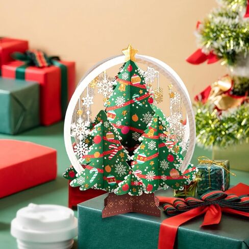 3D Pop-Up Christmas Golden Crystal Ball Greeting Card, White Laser-Cut Christmas Tree with Snowflakes, Festive Holiday Card for Xmas Gifts and Decor in Saudi Arabia