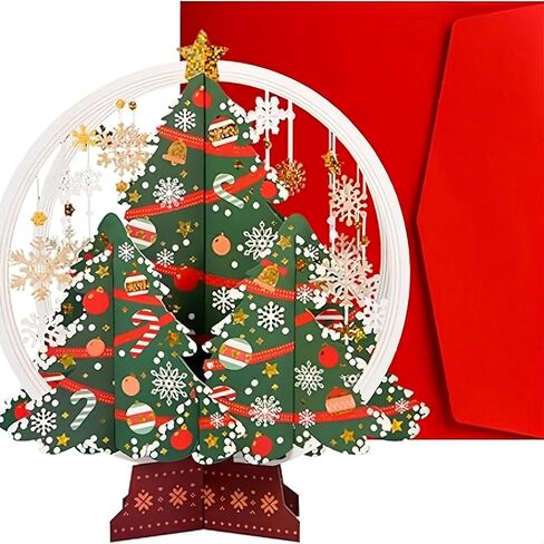 3D Pop-Up Christmas Golden Crystal Ball Greeting Card, White Laser-Cut Christmas Tree with Snowflakes, Festive Holiday Card for Xmas Gifts and Decor in Saudi Arabia