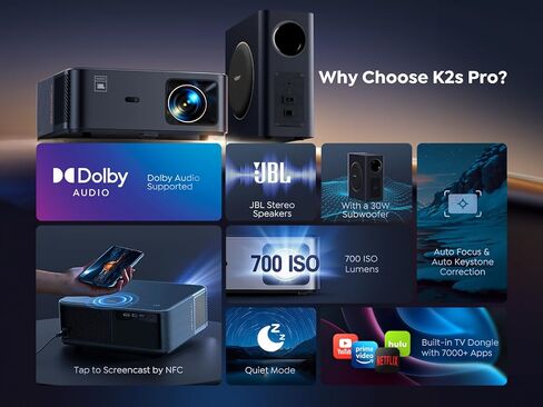 جهاز عرض Yaber K3 1600 ANSI ذكي مع تلفزيون جوجل، صوت مكبر صوت 30 وات من JBL، صوت دولبي، جهاز عرض أفلام منزلي/خارجي مع WiFi6 وبلوتوث، تكيف تلقائي للشاشة، تطبيق Netflix 7000+ in Kuwait